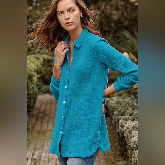 J. Jill Cotton-Gauze Split-Hem Tunic Button Front Shirt Turquoise Blue PS - Picture 1 of 14
